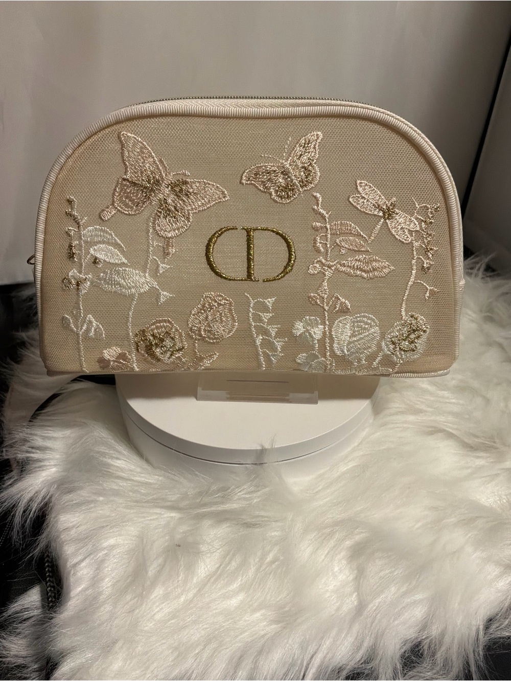 Dior Embroidered Beige Cosmetic Pouch with Gold CD Logo